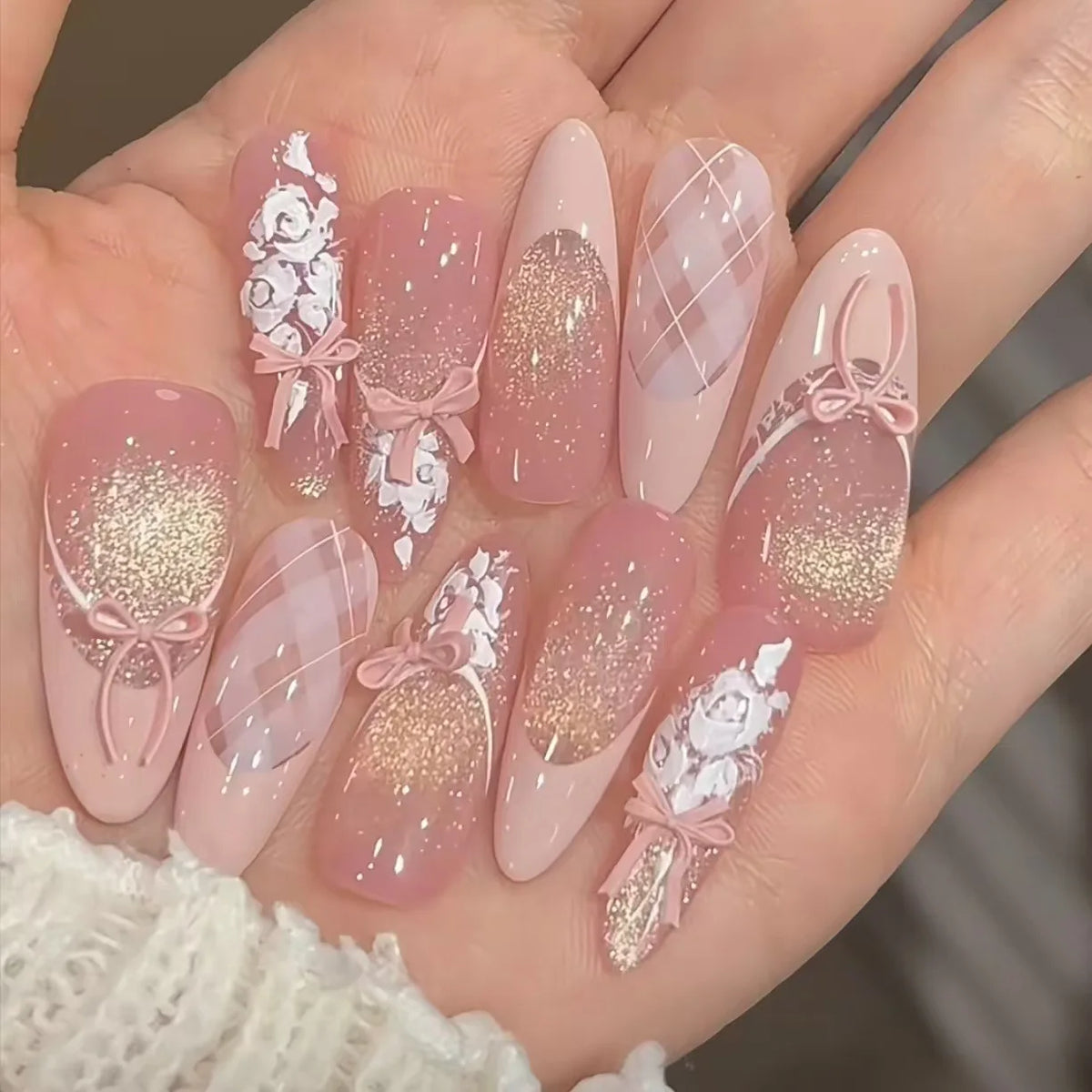 Medium Almond Press-On Nails – Blush, Purple & Butterfly Designs, 10 Pieces