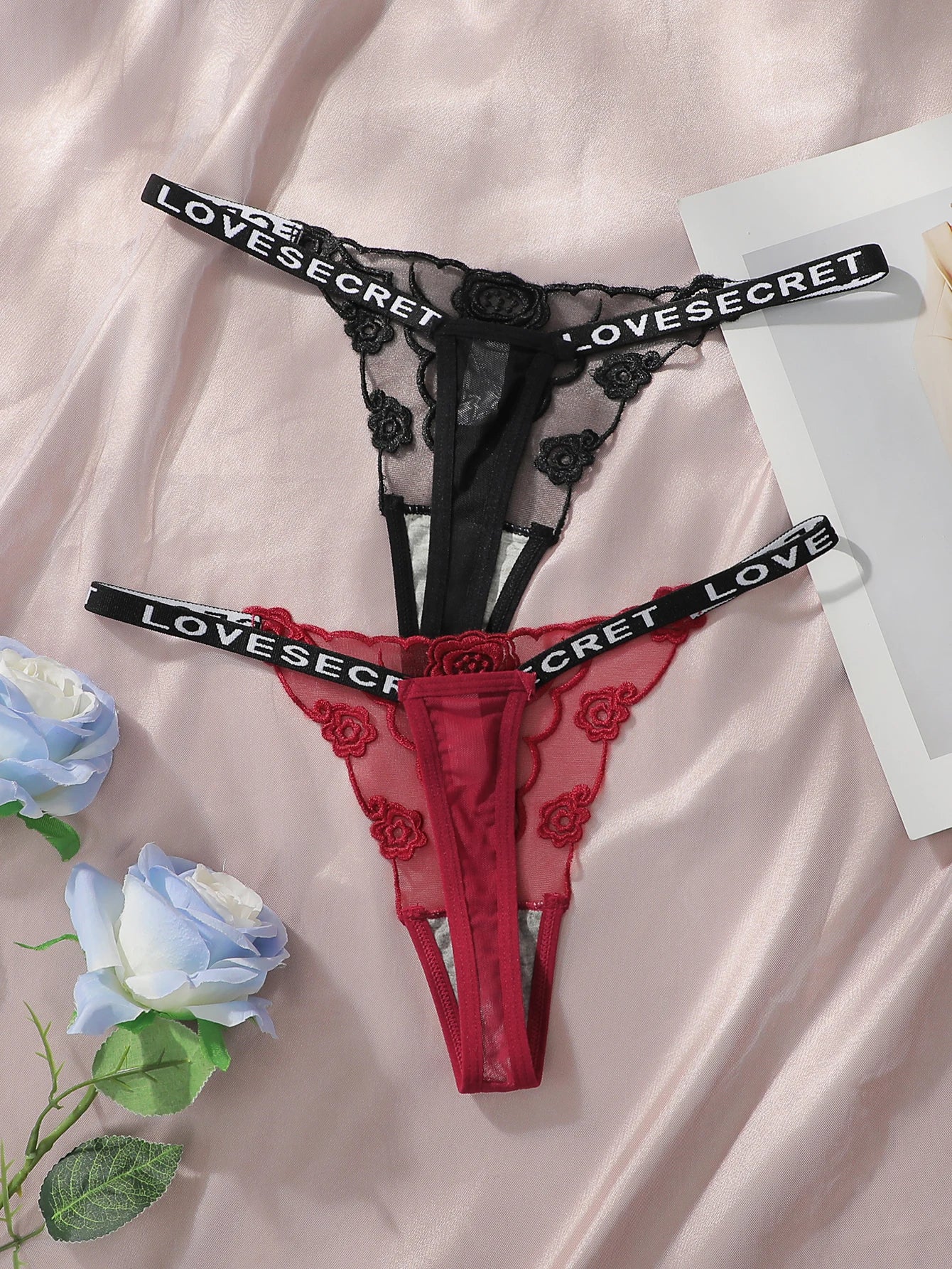 2-Pack Embroidered Rose Thong Set — Sheer Mesh G-String | Women's Sexy Lingerie