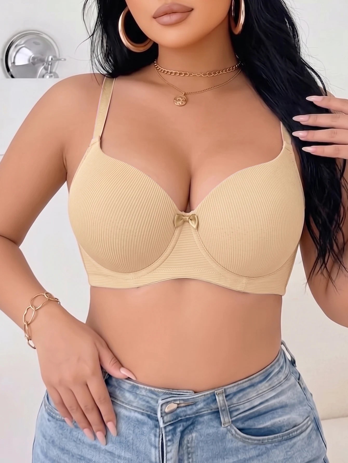 Plus Size Ribbed Push-Up Bra — Wide Strap Underwire Side Gather | Women's Bra