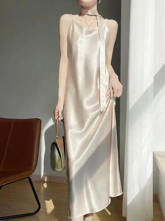 Satin Ribbon Midi Slip Dress – Loose V-Neck Spaghetti Strap