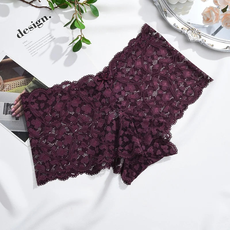 Bow-Trim Lace Boyshort Panty – Low-Rise Breathable Underwear for Women (S–XL, 6 Colors)