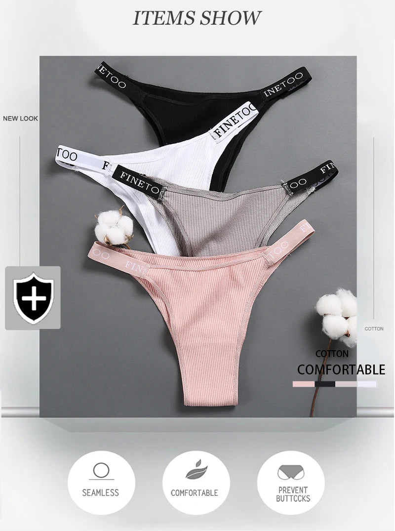 FINETOO 3Pcs Low-Rise Cotton Panties Women Sexy Bikini Underwear Letter Belt Underpants Ladies Comfortable Briefs Female Panties