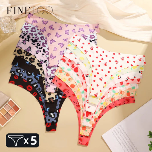 5-Pack Ice Silk Printed Thongs — Seamless Low-Rise G-String Panties