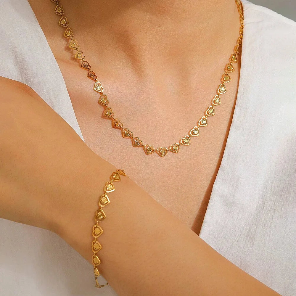 Cubic Heart Jewelry Set – 18K Gold-Plated Stainless Steel Necklace & Bracelet for Women