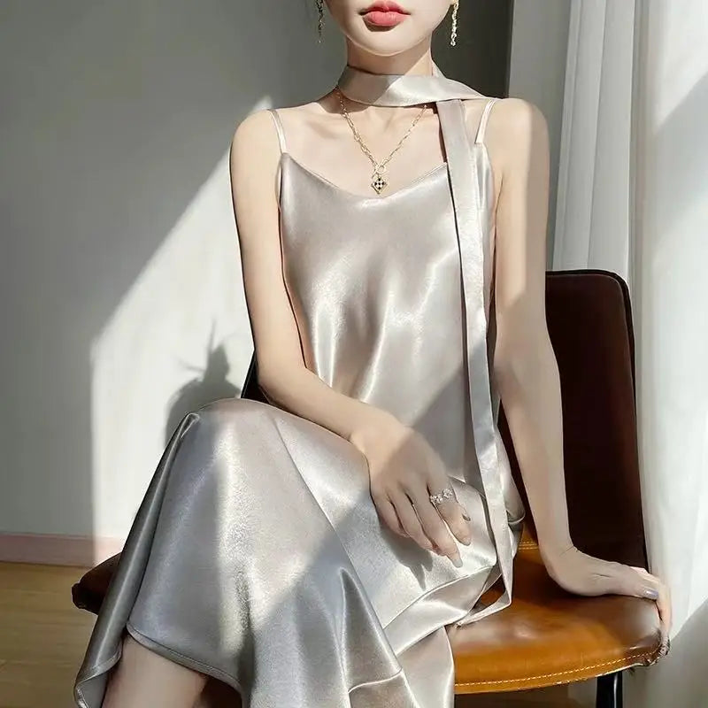French Elegant Satin Camis Dress Women Summer Loose with Ribbon Midi Dress Female Fashion Aesthetic Party Evening Slip Dress
