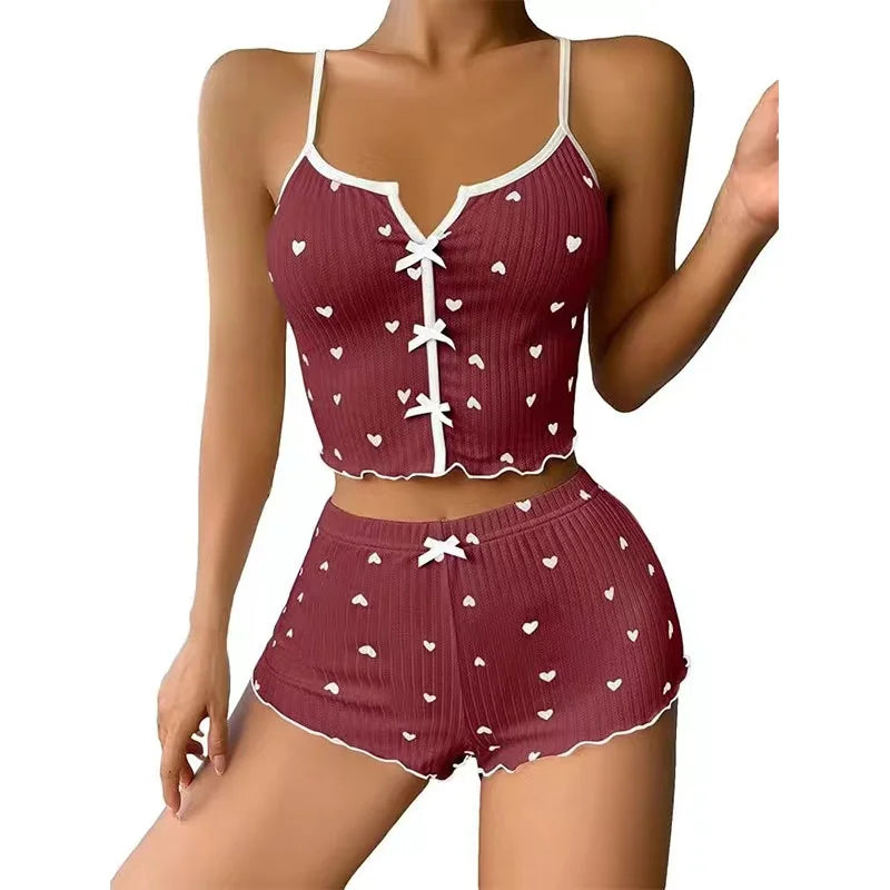 Heart Print V-Neck Pajama Set – Frill-Trim Ribbed Top & Shorts, Summer Loungewear (S–XL)
