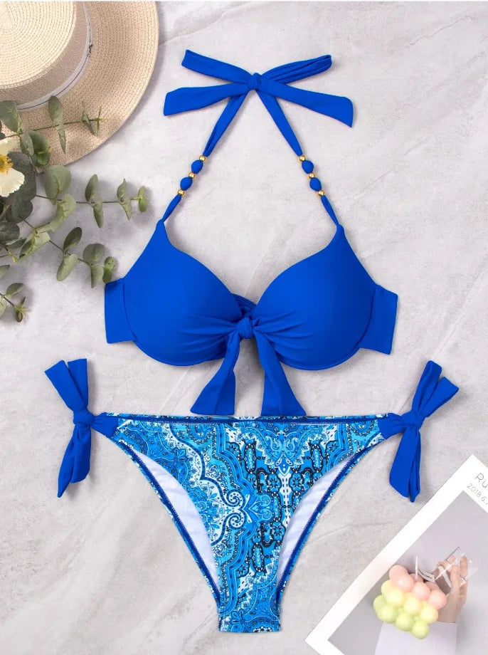 Push-Up Halter Bikini Set — Bow-Tie Top & Printed Side-Tie Bottoms | Women's Swimwear
