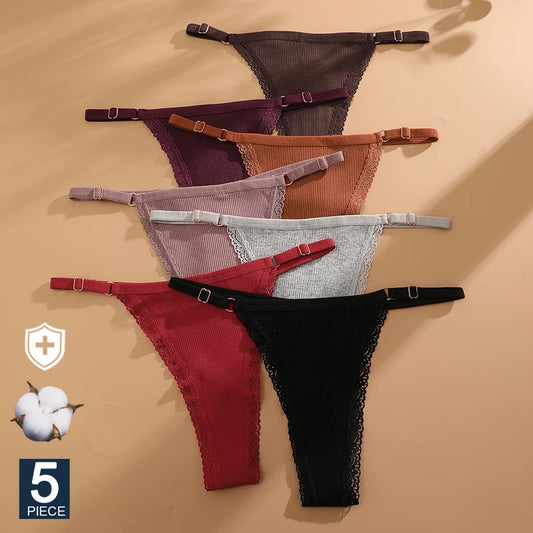 5-Pack Cotton G-String Thong Panties – Low Rise Adjustable Waist Lingerie Set