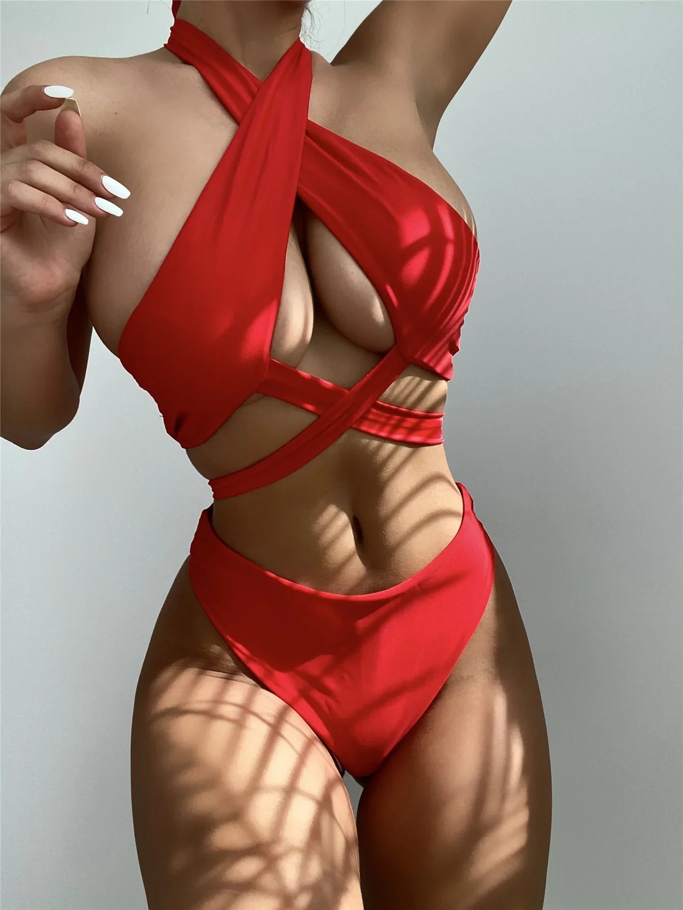Cross Halter Hollow-Out Bikini Set — High Neck Wrap Top & High Waist Bottoms | Women's Swimwear