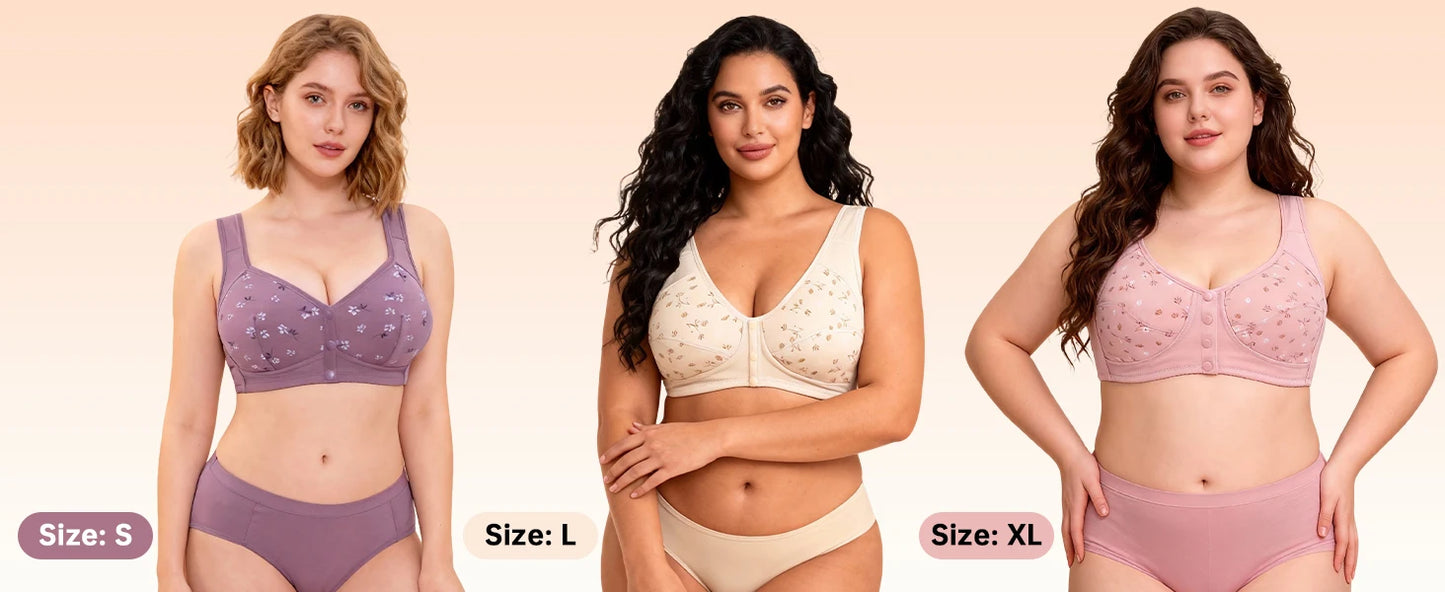 Women's Front Buckle Floral Bra – 7-Piece Set | Wire-Free Support & Breathable Lace