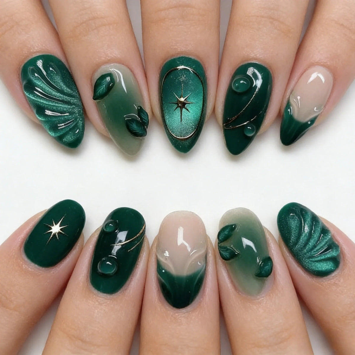 Green Cat Eye Press-On Nails with 3D Wavy French Design - 24 Pieces