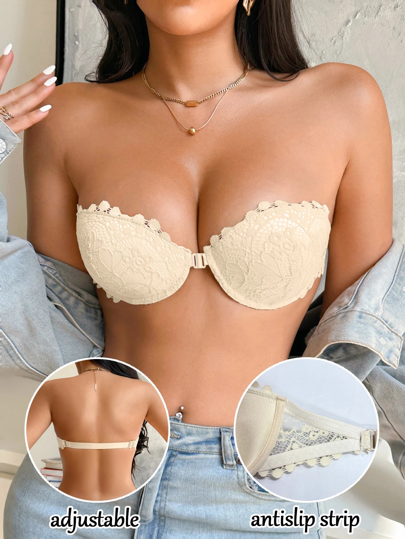Lace Half-Cup Strapless Push-Up Bra — Front Clasp Non-Slip | Women's Lingerie