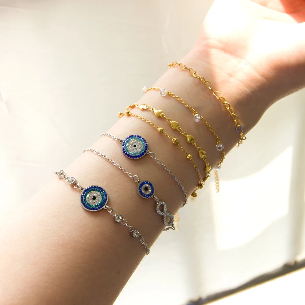 Evil Eye Bracelet – 18K Gold-Plated Stainless Steel Boho Charm Bracelet for Women