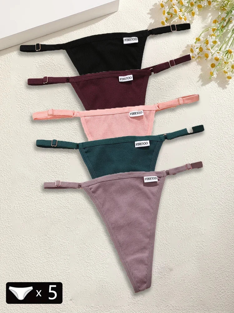 5-Pack Seamless Cotton G-String Panties – Adjustable Waist Low-Rise Underwear for Women (S–XL, 8 Color Sets)