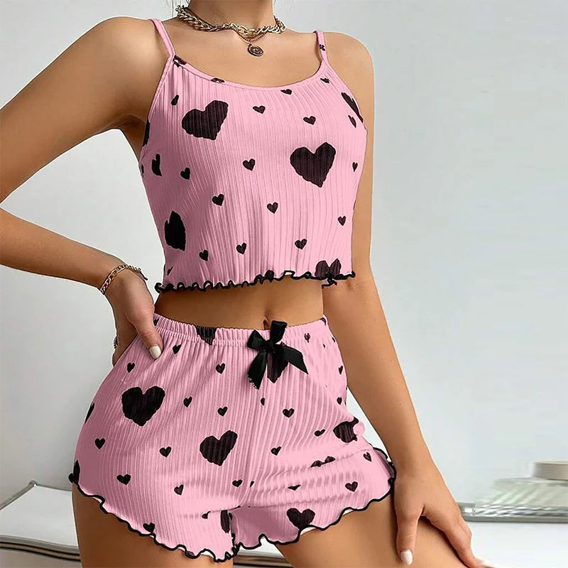 Spaghetti Strap Tank Top & Shorts Pajama Set – Geometric Print, Knit | Women's Summer Sleepwear (1pc or 2pcs)