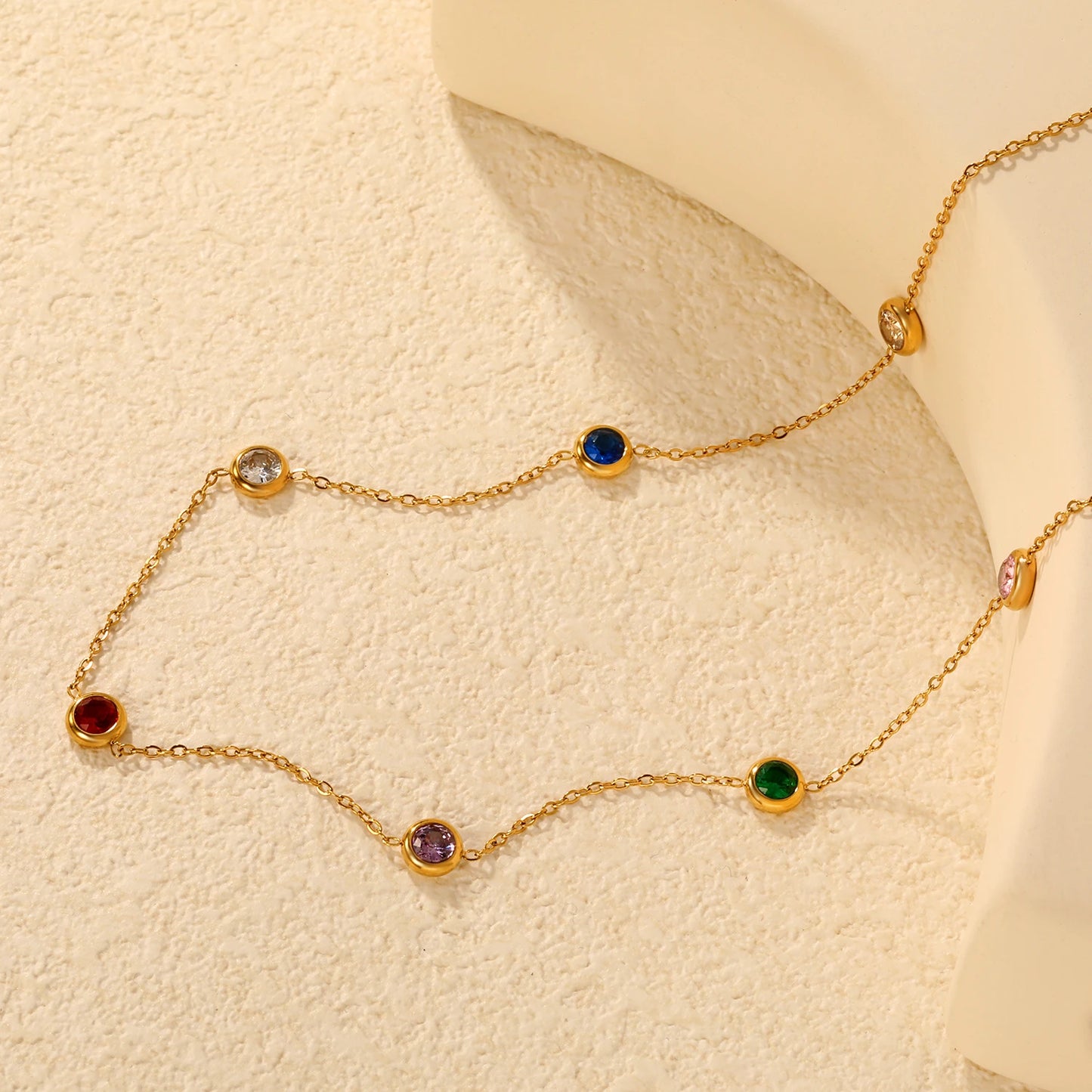 Colorful Rhinestone Chain Necklace – Multicolor Zirconia 18K Gold-Plated Stainless Steel Sweater Necklace for Women