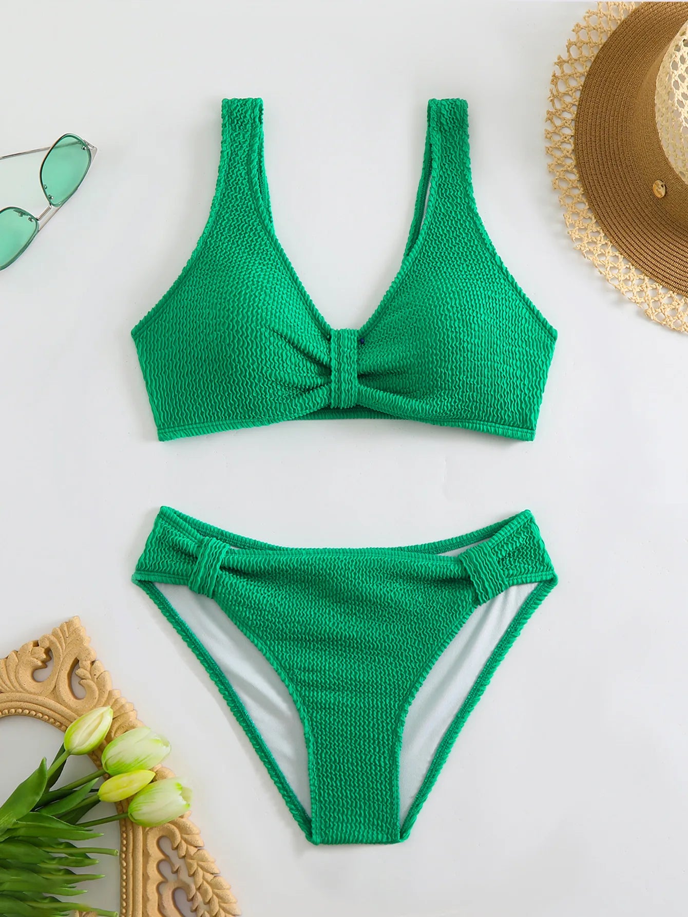 Solid Color High Waist Bikini Set — V-Neck Textured Top & Cheeky Bottoms | Women's Swimwear