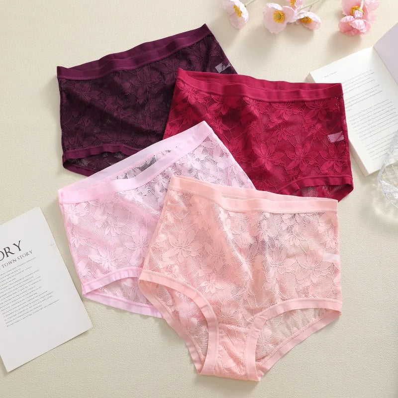 High-Waist Floral Lace Hollow Brief Panties – Breathable Sexy Underwear for Women (S–2XL, 9 Colors)