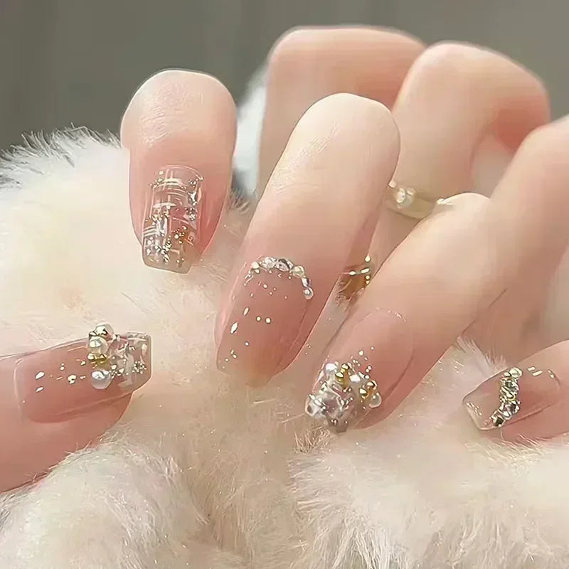 Short Press-On Nails - French Tip, Bow & Glitter Designs, 24 Pieces