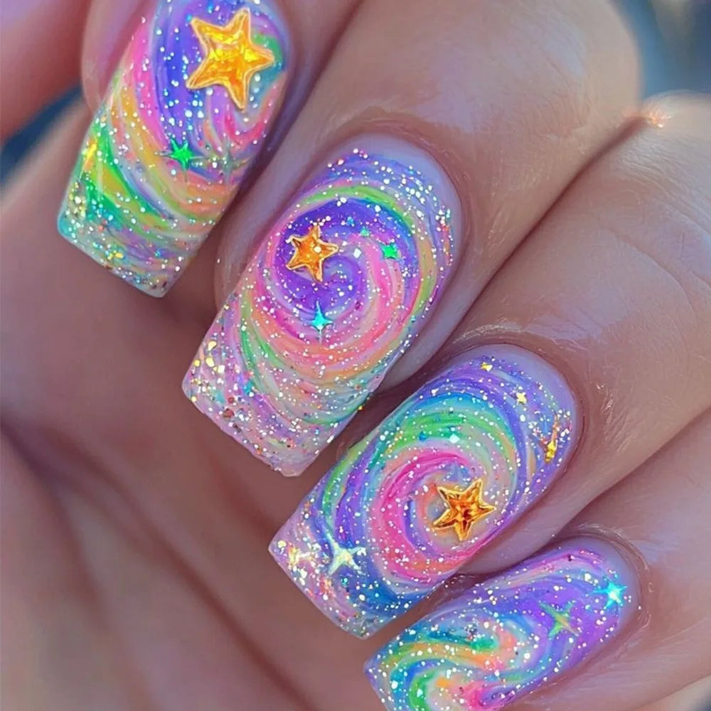 Short Coffin Press-On Nails – Stars & Moon, 24-Piece Set
