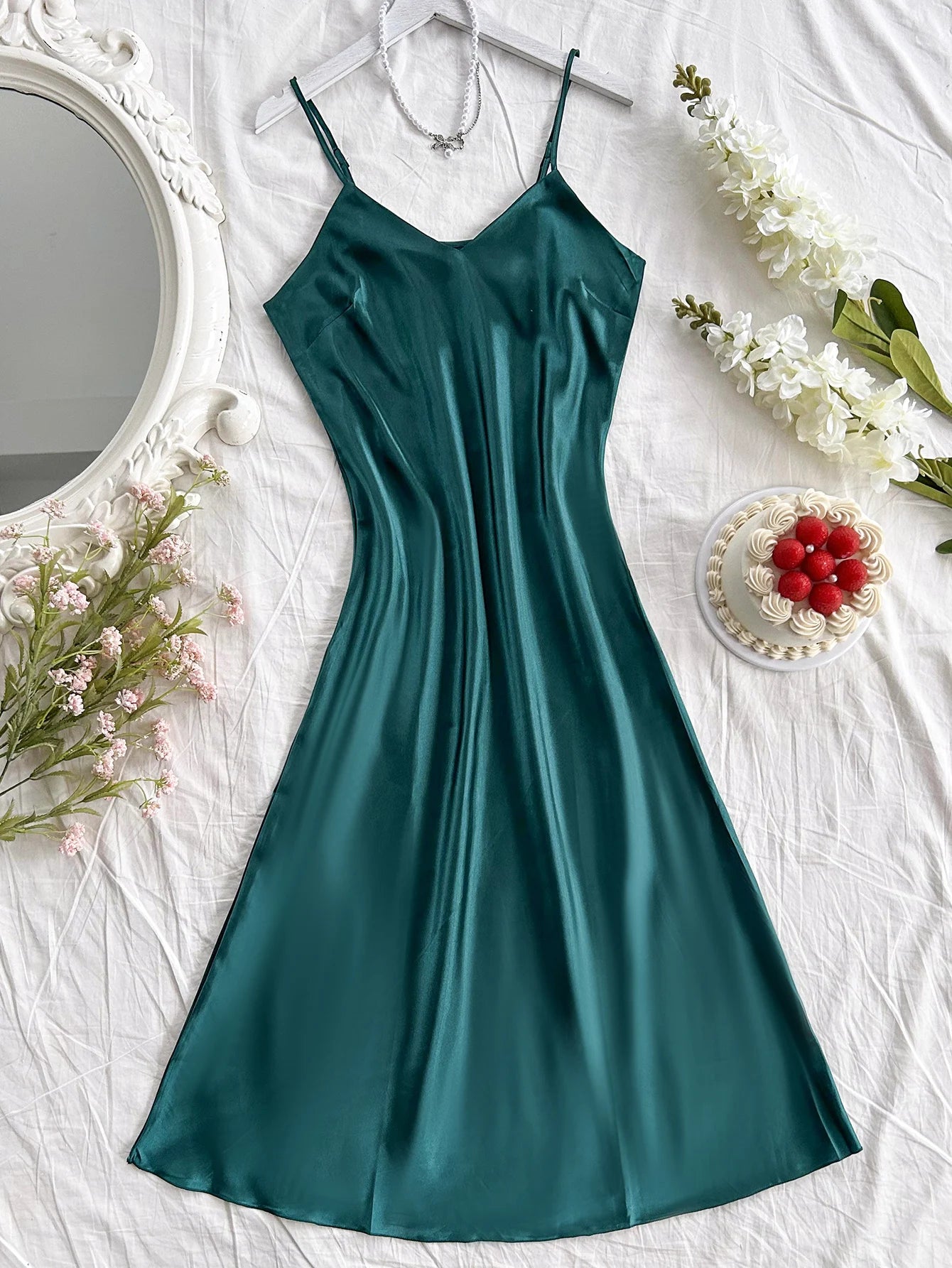 Satin Long Slip Nightdress — V-Neck Midi Sleeveless | Women's Elegant Sleepwear
