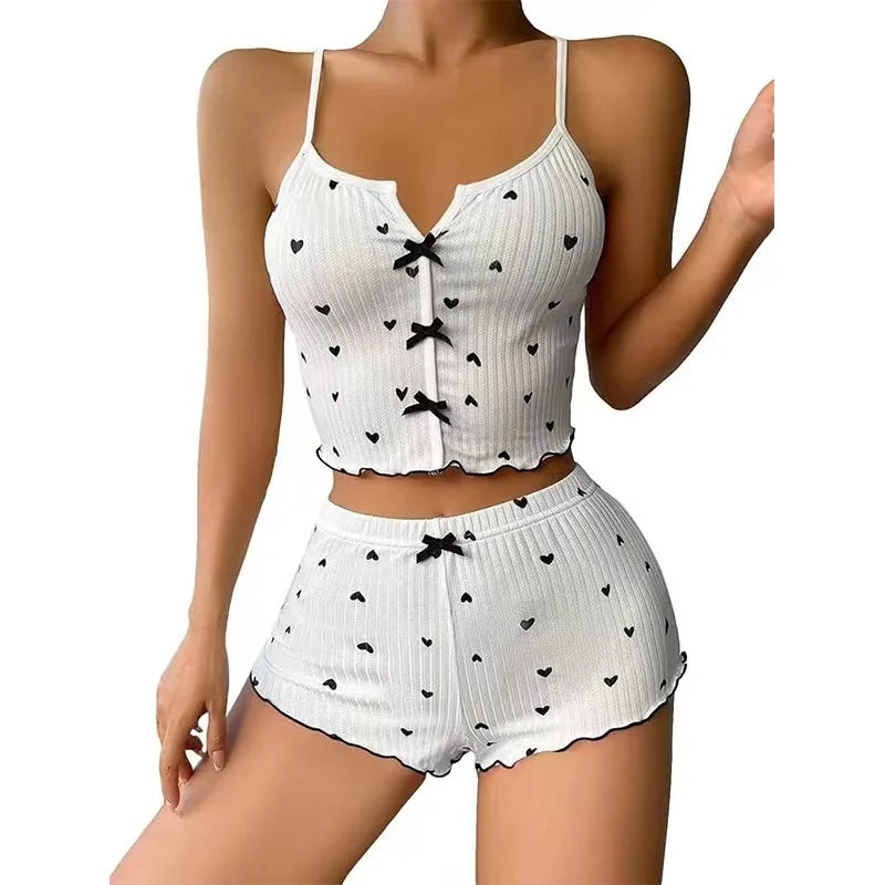 Heart Print V-Neck Pajama Set – Frill-Trim Ribbed Top & Shorts, Summer Loungewear (S–XL)