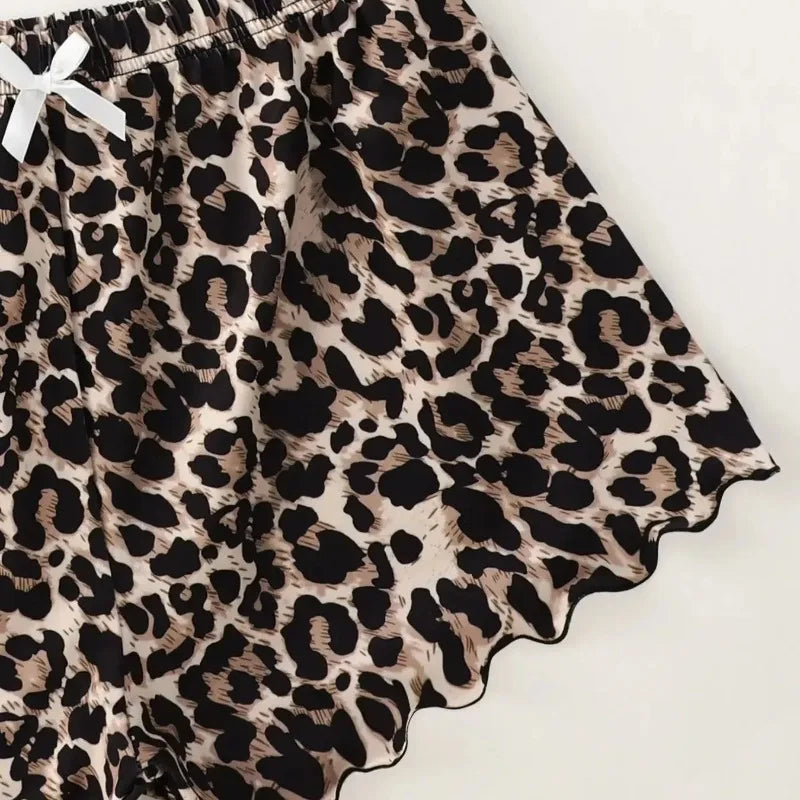 Leopard Print Sling Pajama Set – V-Neck Sleeveless Top & Shorts, 100% Cotton Sleepwear (S–XL)