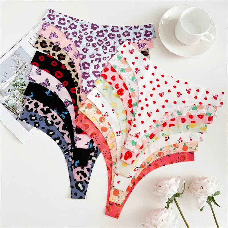 5-Pack Ice Silk Printed Thongs — Seamless Low-Rise G-String Panties