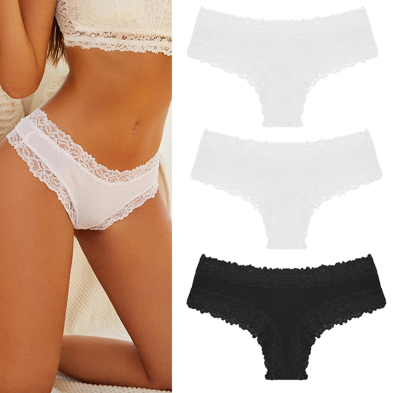 Women's Cotton Lace Briefs – 3-Piece Set | Soft Low-Rise Stretch Underwear (S–XL)