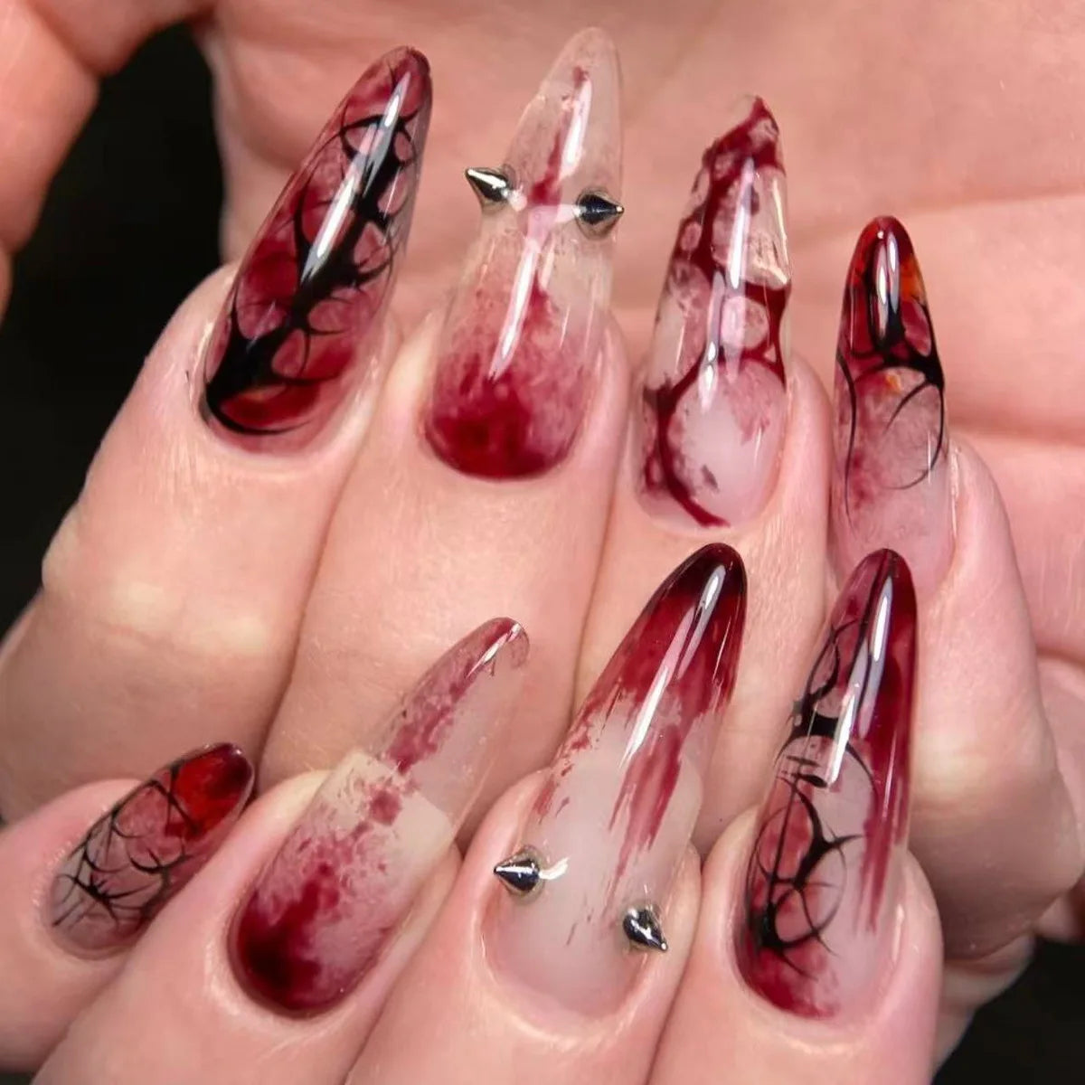 Halloween Press-On Nails – Red & Black Stripe and Silver Rivet Designs, 24 Pieces