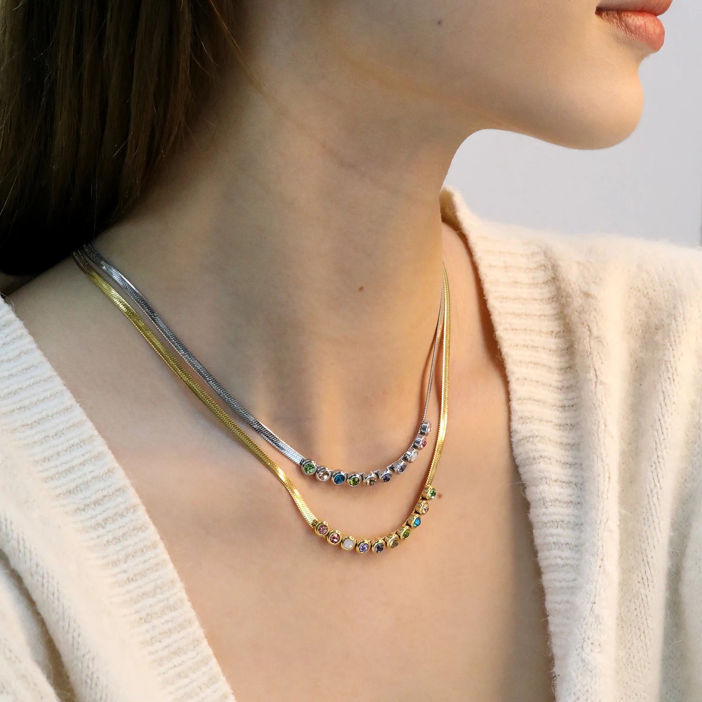 Blade Chain Necklace with Colorful Zirconia – 18K Gold-Plated Stainless Steel for Women