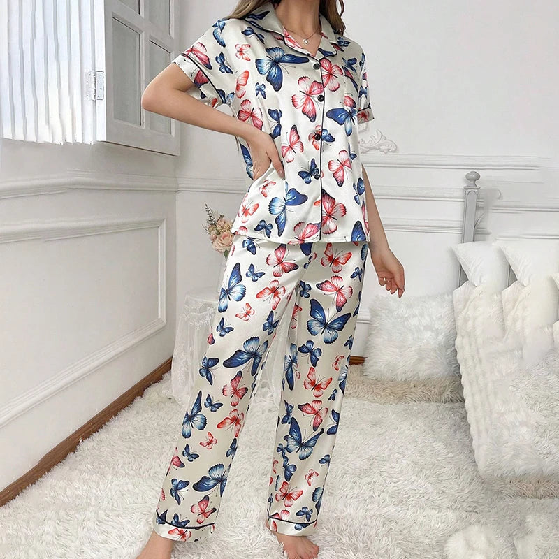 Satin Floral Pajama Set — Long Sleeve Button-Up Top & Pants