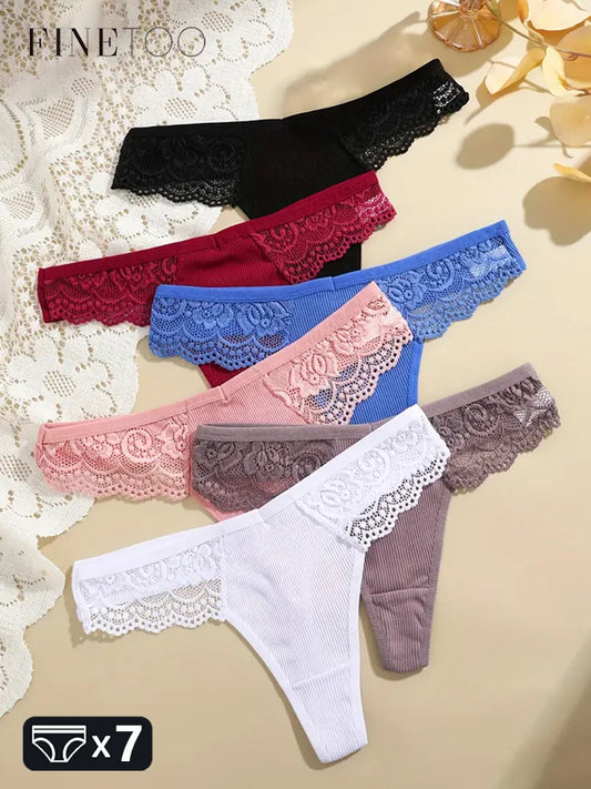 7-Pack Cotton Lace-Waist Thongs — Low-Rise Ribbed G-String Panties