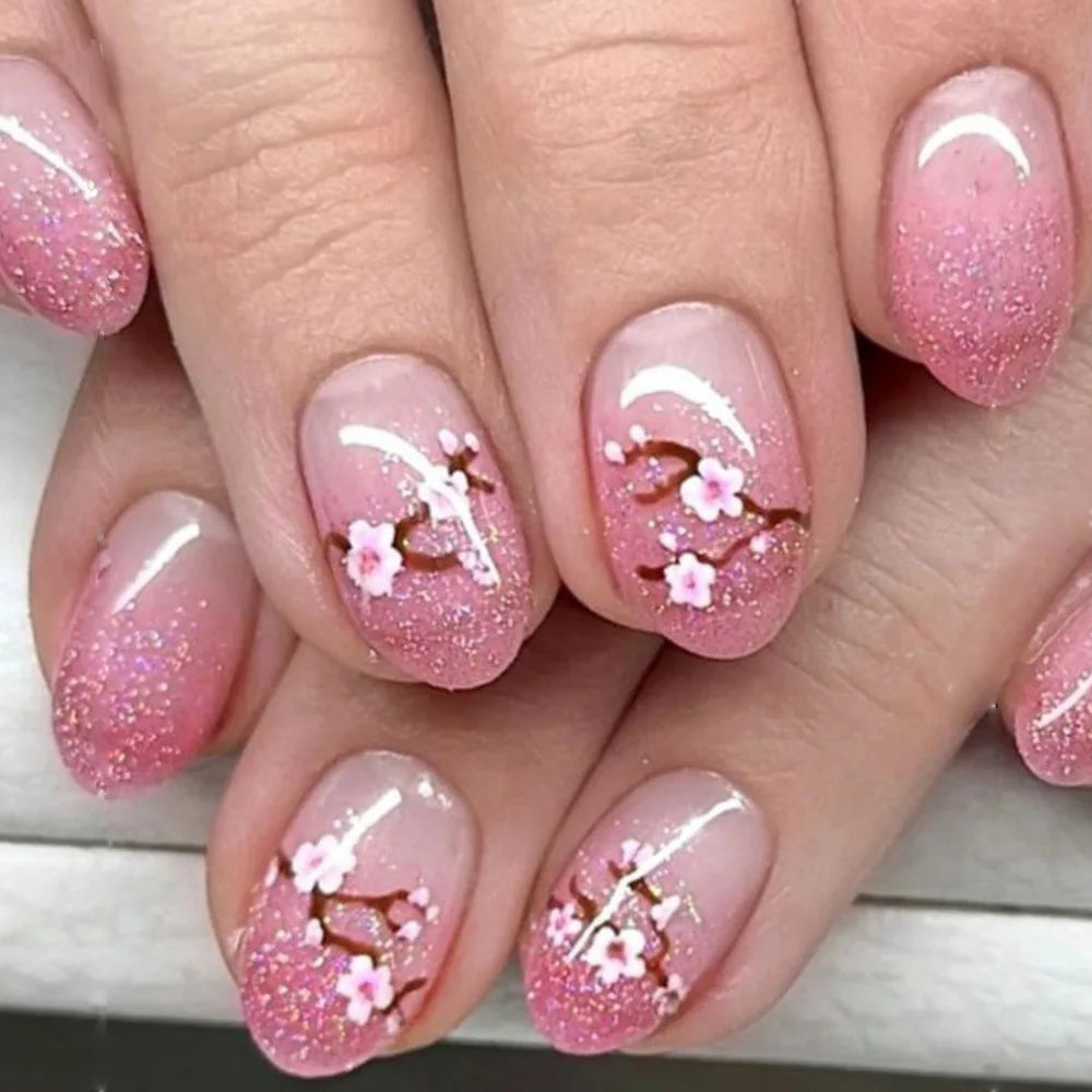 Short Square Press-On Nails - Purple Floral & Gradient French, 24 Pieces