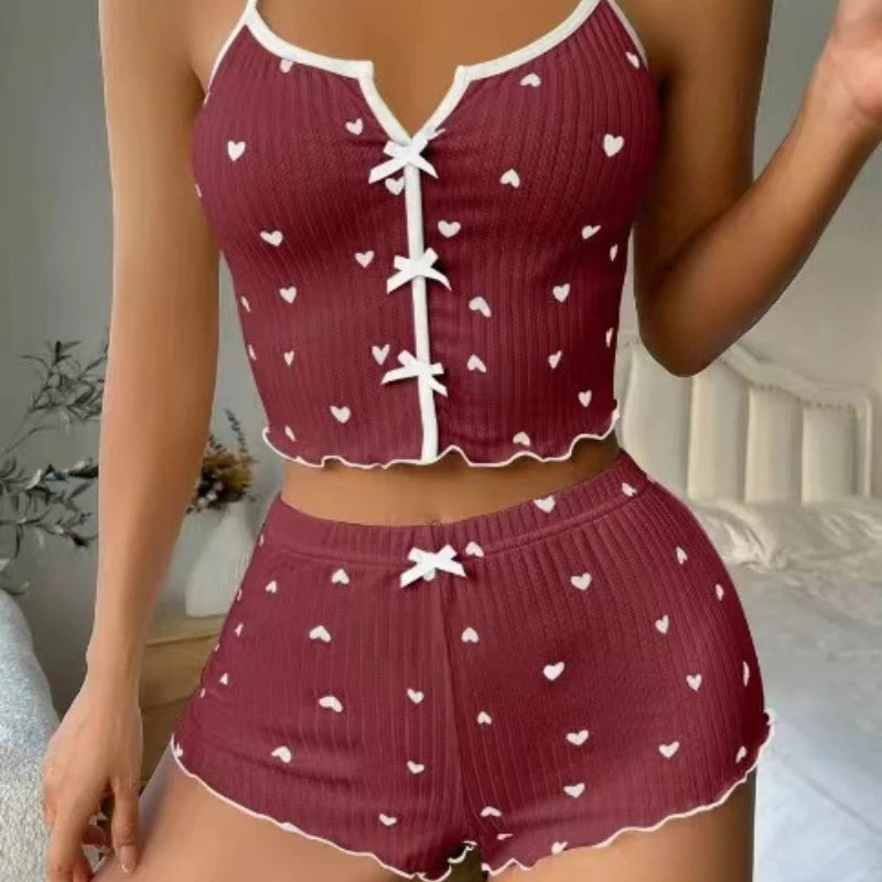Heart Print Frill-Trim Pajama Set – Ribbed Square-Neck Top & Shorts, Summer Loungewear (S–2XL)