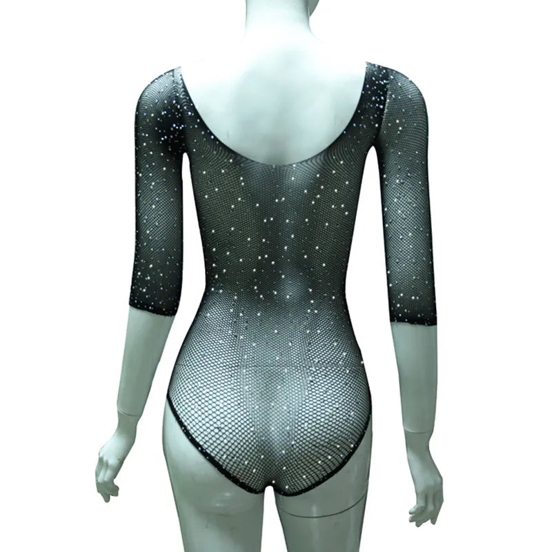 Rhinestone Fishnet Bodysuit — Sparkle Mesh Long Sleeve Teddy | Women's Lingerie