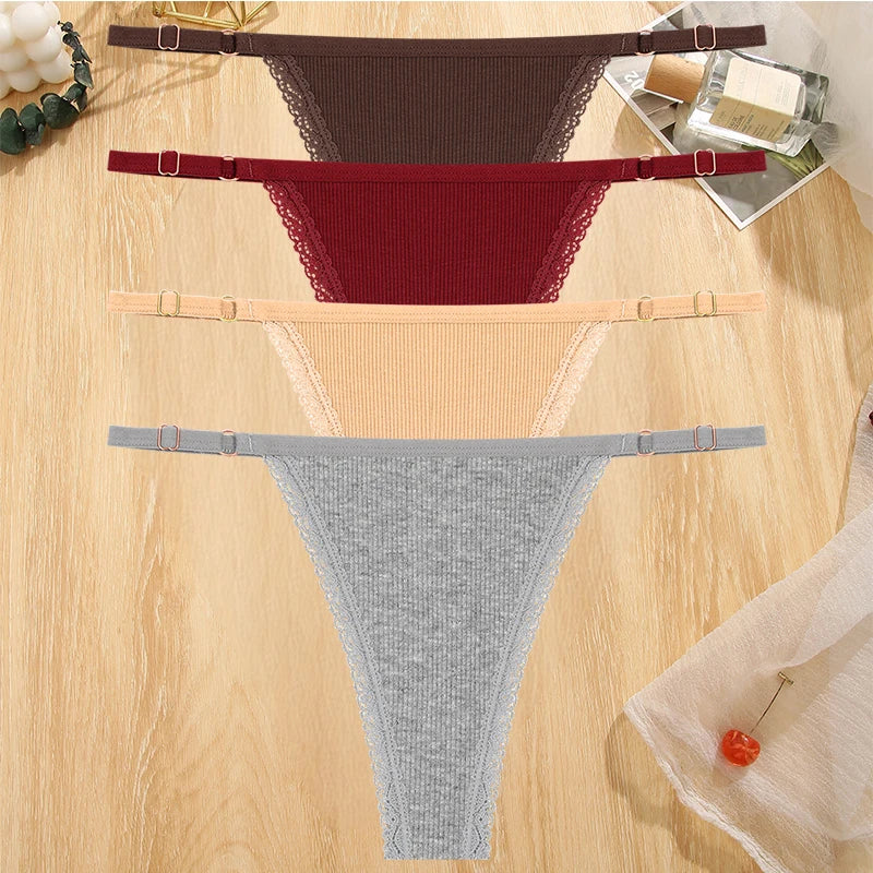 Women's Cotton Lace G-String Thongs – 4-Piece Set | Low Rise Adjustable Waistband Hipster Underwear (S–XL)