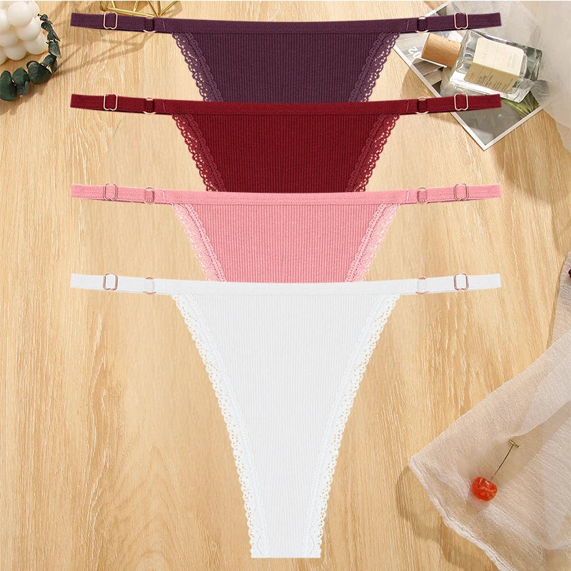 Women's Cotton Lace G-String Thongs – 4-Piece Set | Low Rise Adjustable Waistband Hipster Underwear (S–XL)