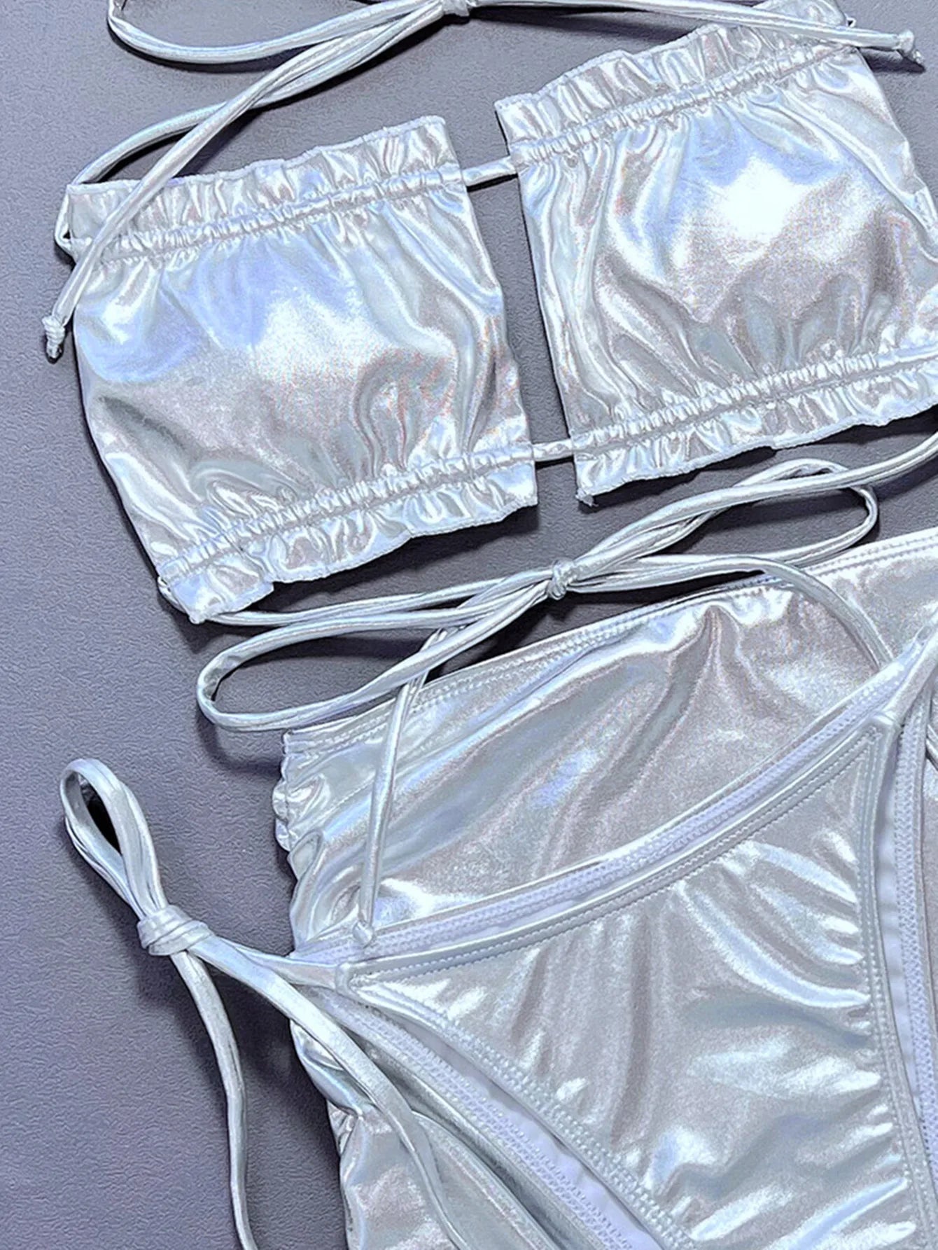 Silver Metallic 3-Piece Bikini Set — Strapless Ruffle Top, High Waist Bottoms & Mini Skirt | Women's Swimwear