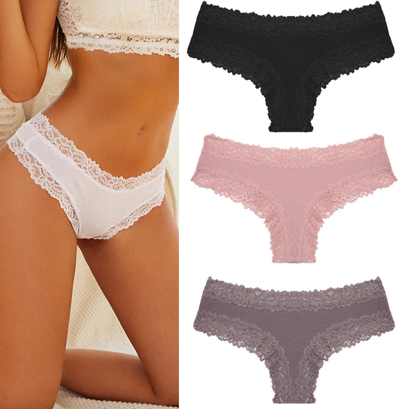 Women's Cotton Lace Briefs – 3-Piece Set | Soft Low-Rise Stretch Underwear (S–XL)