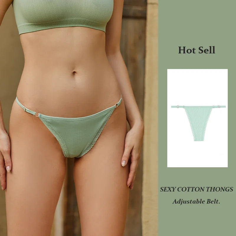Ice Silk Cotton Thong with Adjustable Belt – Seamless Low-Rise Underwear for Women (S–XL, 8 Colors)
