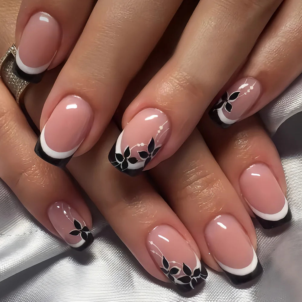 Short Square Press-On Nails - Purple Floral & Gradient French, 24 Pieces