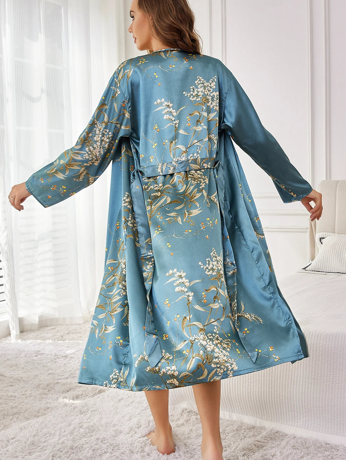 Satin Floral Robe & Camisole Nightdress Set — Elegant 2-Piece Sleepwear