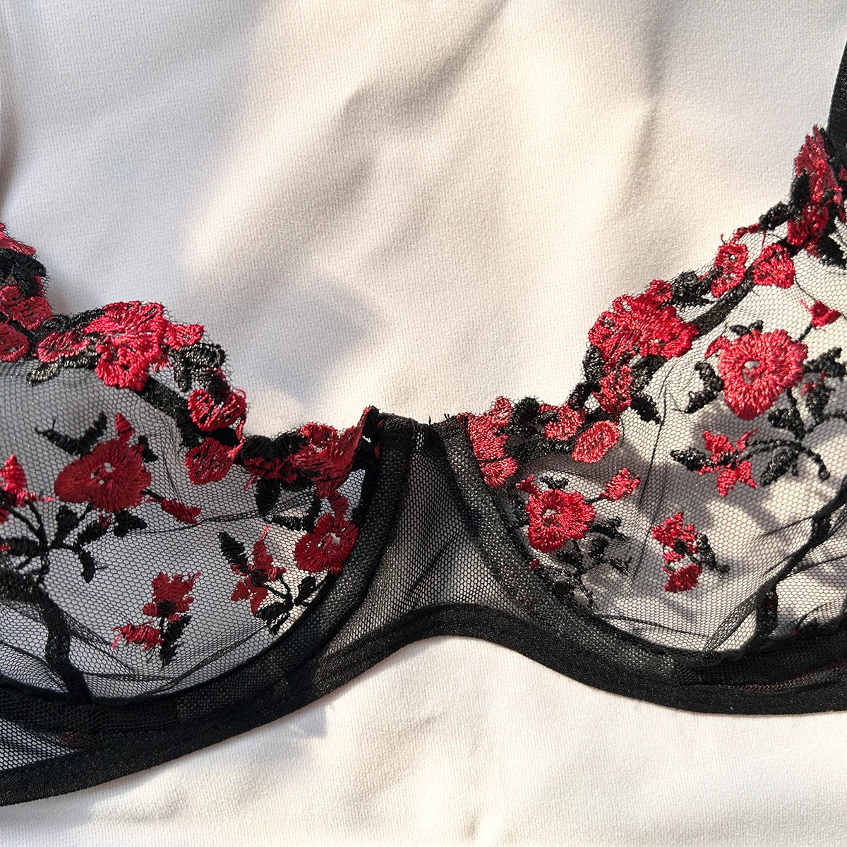 Embroidered Lace Triangle Bra & Thong Set — Wire-Free Bow Detail | Women's Sexy Lingerie