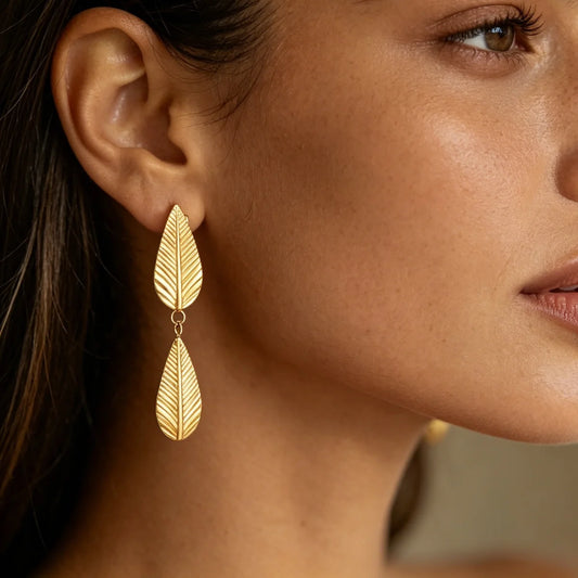 Leaf Drop Earrings – 18K Gold-Plated Textured Plant Leaf Dangle Earrings for Women