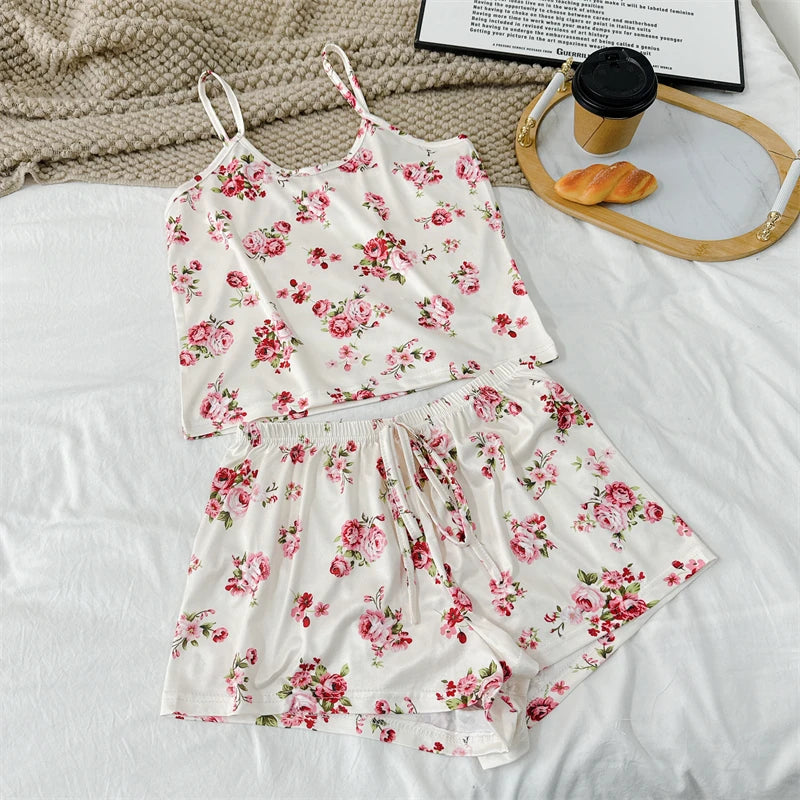 Cherry Print Ice Silk Pajama Set — Sleeveless Cami Top & Shorts