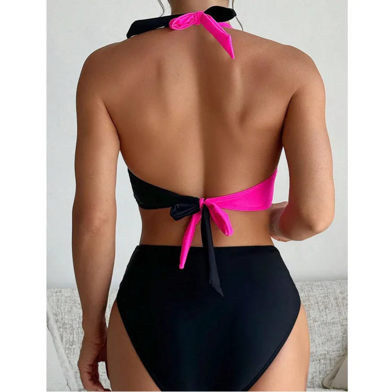 Color Block Wrap Bikini Set — Halter Crossover Top & High Waist Bottoms | Women's Swimwear