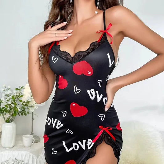 Lace-Edge V-Neck Sling Nightdress – Side-Split Cotton Sleepwear with Love Print (S–XL, 2 Colors)