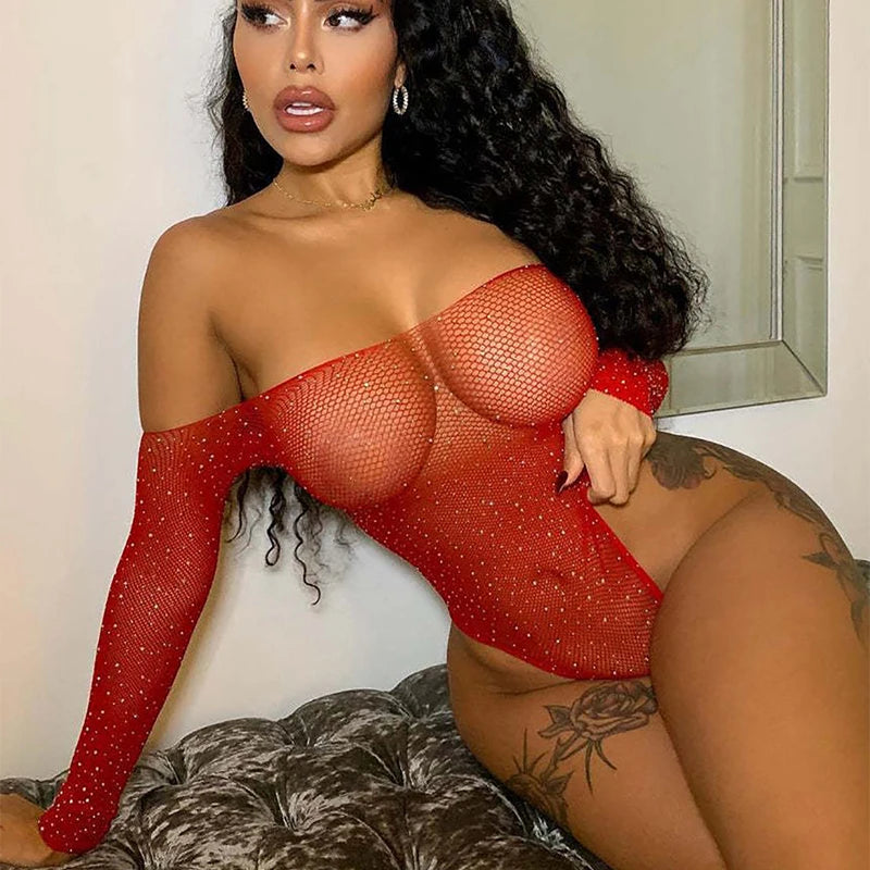 Rhinestone Fishnet Bodysuit — Sparkle Mesh Long Sleeve Teddy | Women's Lingerie