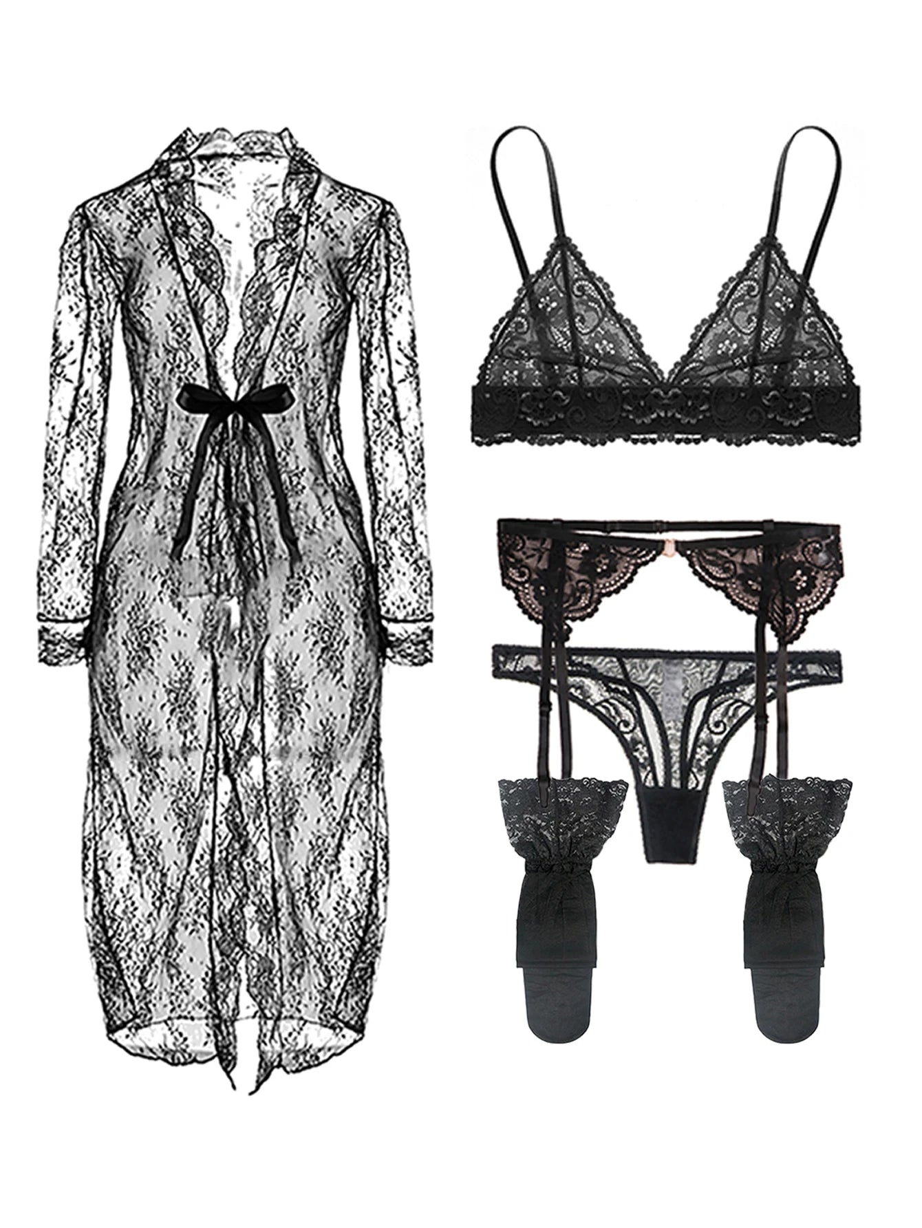 Floral Lace Bralette Lingerie Set — Wire-Free Bra, Thong, Garter Belt & Stockings | Women's Lingerie